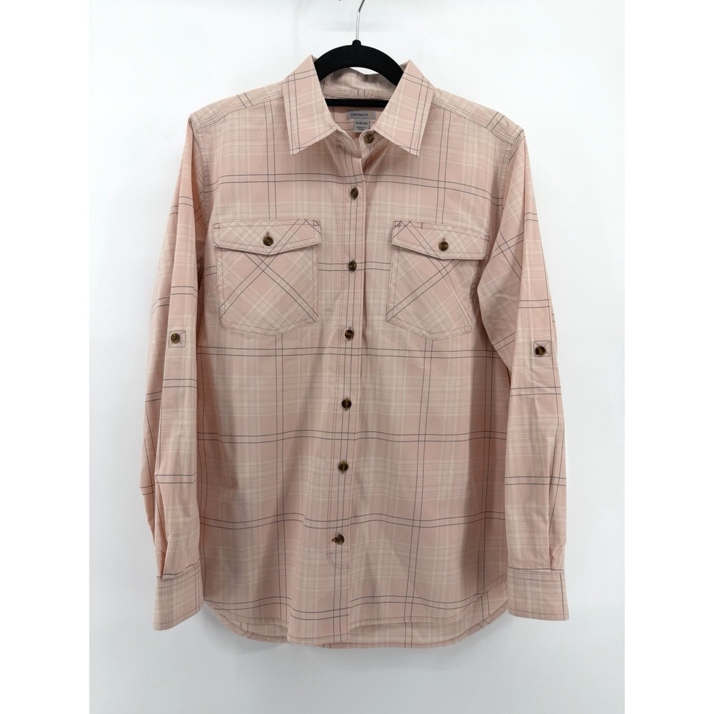 Carhartt Womens M 8/10 Pink Roll up Long Sleeve Rugged Flex Shirt Western Ranch
